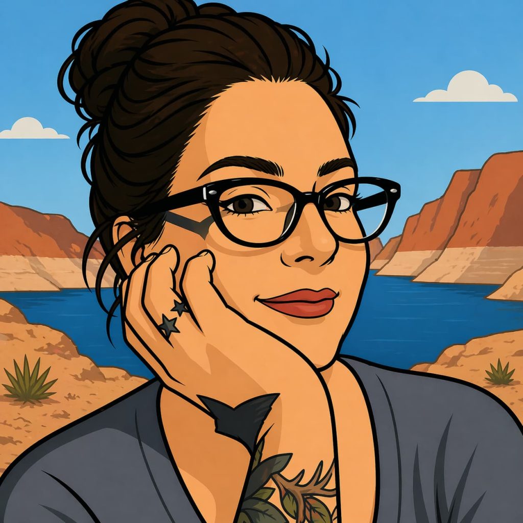 Cheri Kern Headshot Photo In Archer Cartoon Style, With The Nevada Desert And Lake Mead In The Background