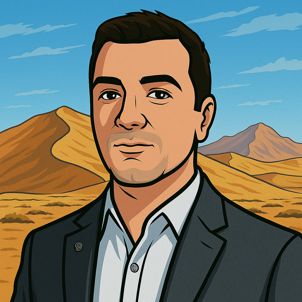 Slobodan Grupche Headshot In Archer-Style Cartoon Appearance In Front Of The Kelso Dunes