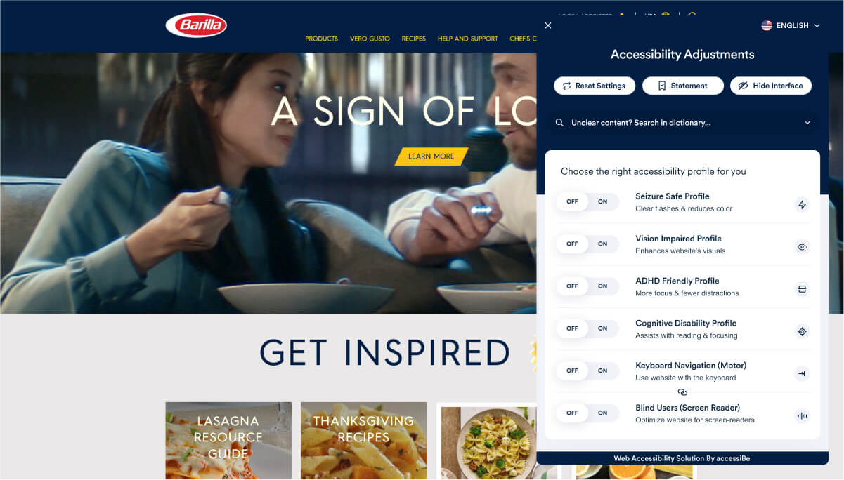 Barilla's homepage, with the accessiBe widget.