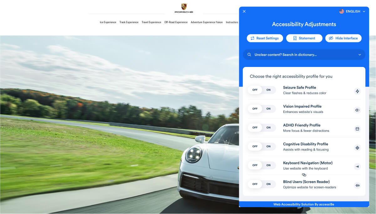 Porsche's homepage, with the accessiBe widget.